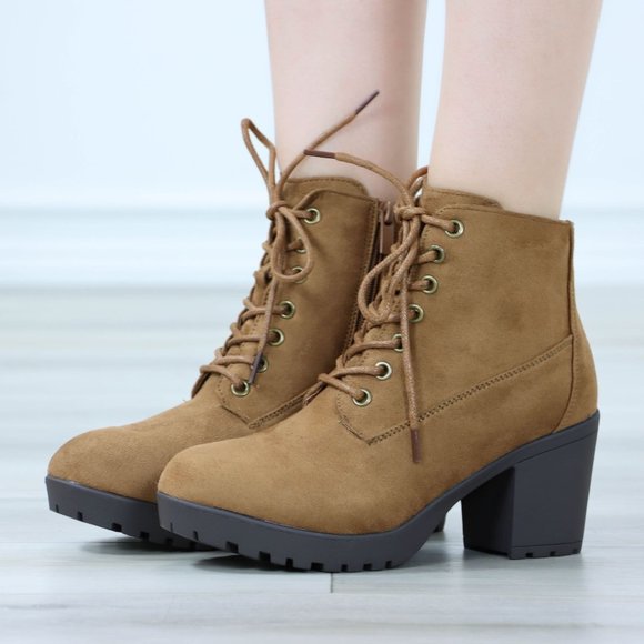Tan Ankle Boots Chunky Block Lug High Heel Booties Lace-Up - Picture 11 of 12